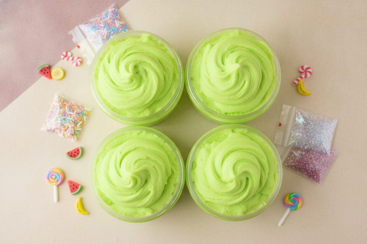 Four 100ml jars of fluffy lime green butter slime with scattered accessories on a warm cream surface with dusty rose and pale