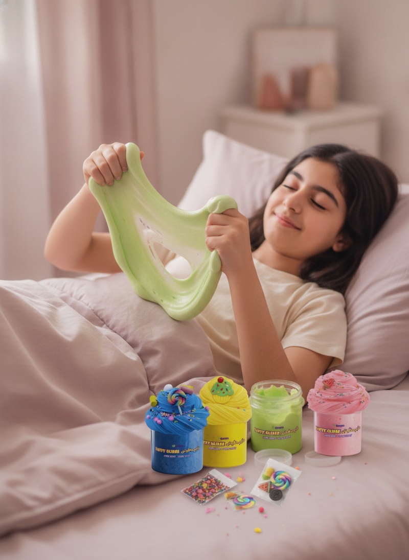 A relaxed Emirati teenage girl lies in bed, gently squishing fluffy butter lime slime from one of four jars, with accessories