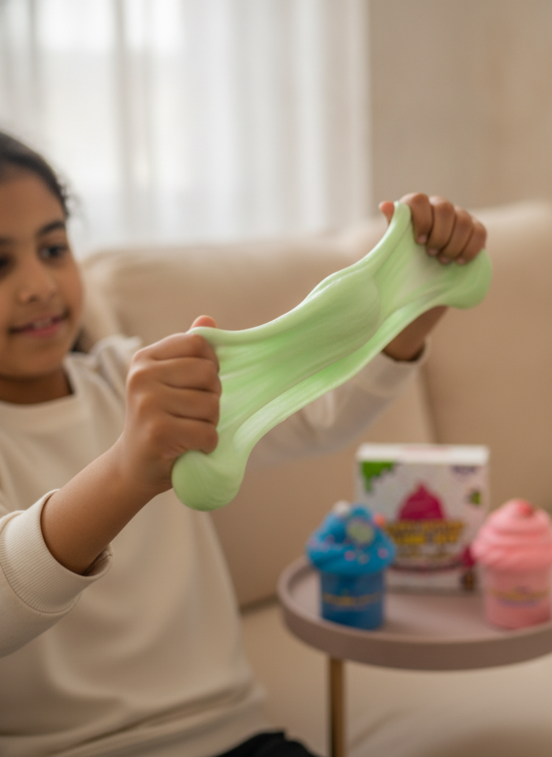 Hands stretching vibrant green fluffy butter slime, showing its elasticity. A person is casually dressed on a sofa in a cream
