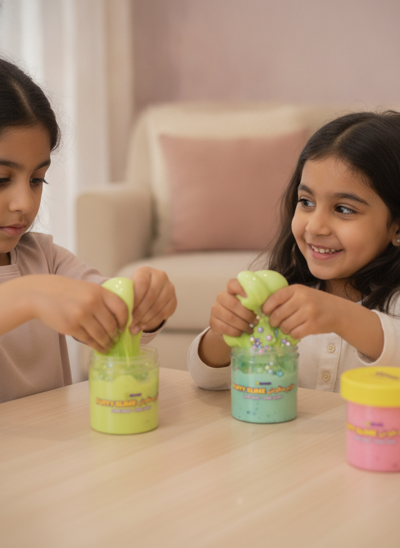 Two young Emirati cousins in Sharjah happily making a 